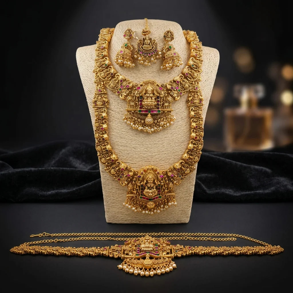 Luxury Temple Jewellery Bridal Necklace Set Antique Gold Plated Lakshmi Long Haram Choker Vaddanam Wedding Jewelry Set