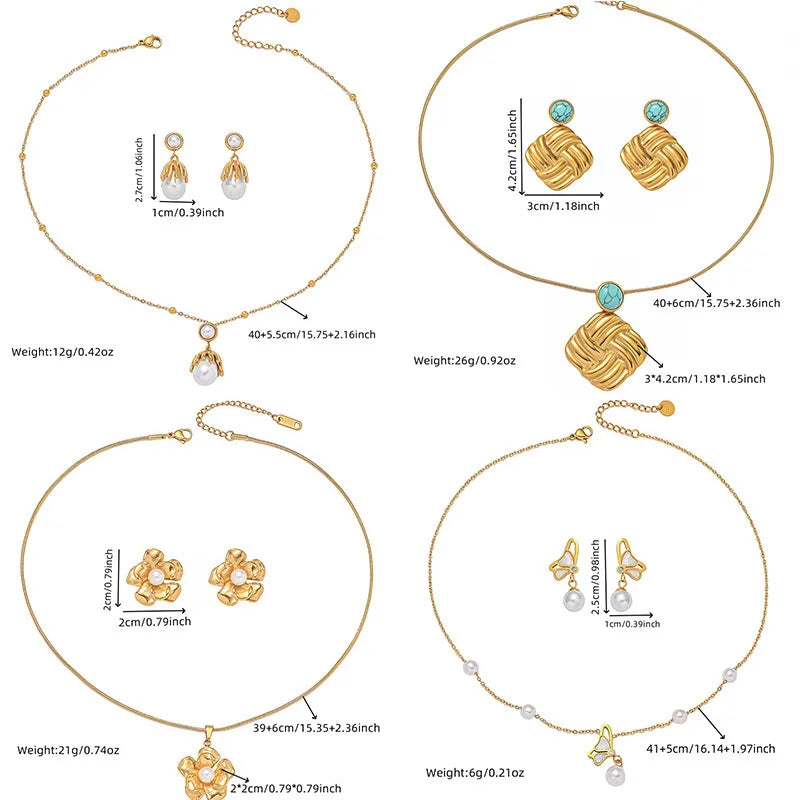 Gold Necklace & Earrings Jewellery Set | Square, Flower & Pearl Designs | Classic Fashion Set