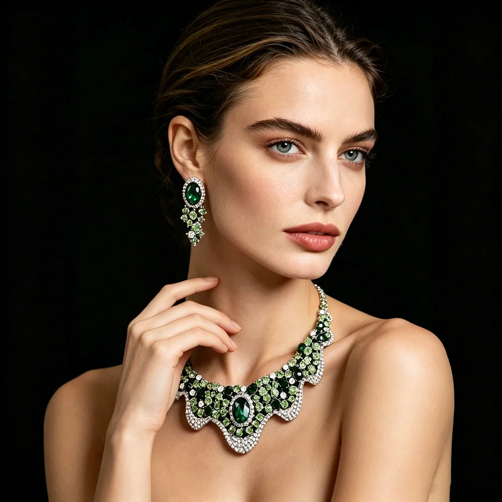Luxury Emerald Green Crystal & Pearl Floral Statement Necklace & Drop Earrings Bridal Set — Silver Plated