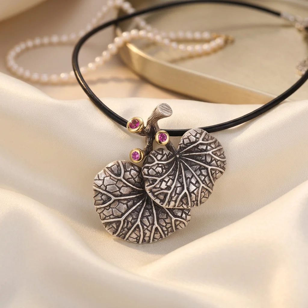 Handmade Classic Style Lotus Leaf Design 925 Sterling Silver Pendant Synthetic Red Corundum Women's Anti-Silver Plated