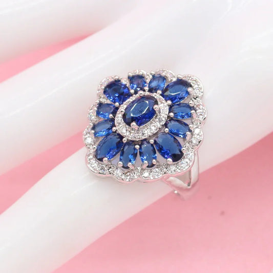 New Design Royal Blue Zircon Stone Necklace Set Silver Color Wedding Jewelry Earrings Ring Bracelet Gift Box for Party Occasions