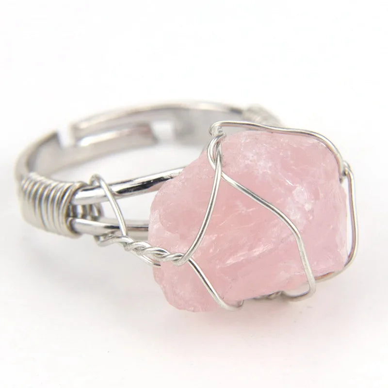 Men Women Large Stone Rings Wire Wrapped Crystal Resizable Gem Ring