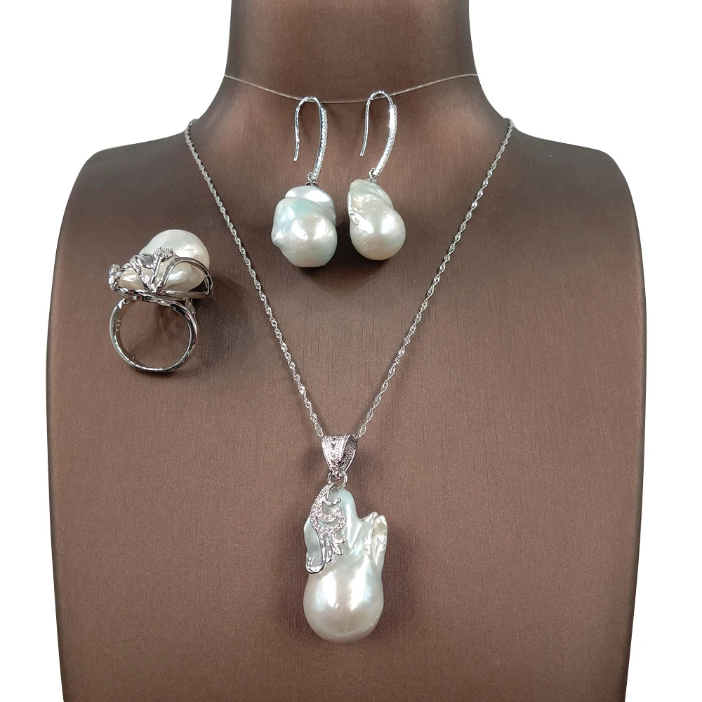 Fashion Choker Jewelry Set 925 Silver Big Baroque Freshwater Pearl ,100% Natural Gold Plated Wedding Party WOMEN'S Gift Unisex