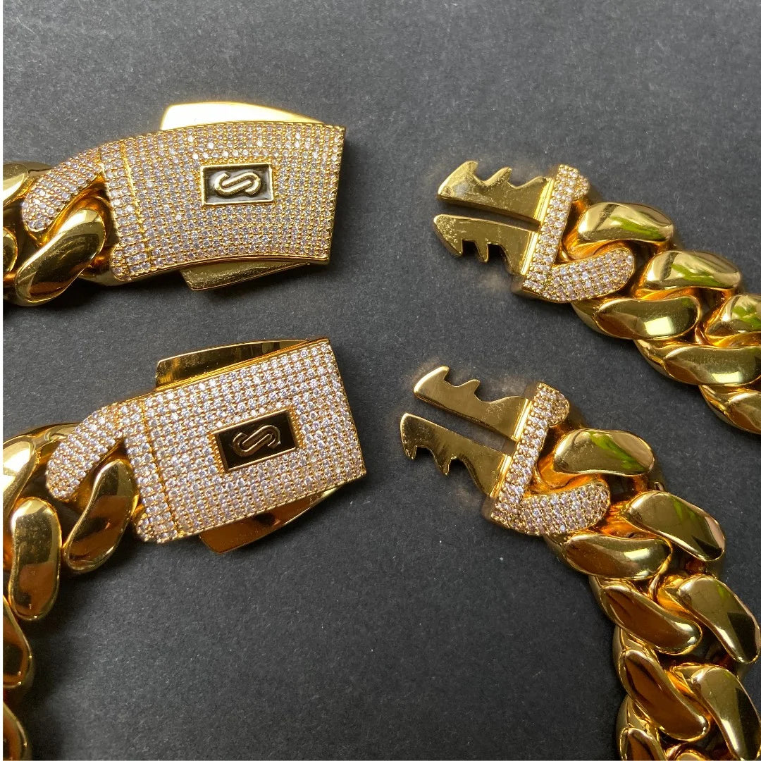 Mens Miami Cuban Link Chain Set Iced Monaco Lock Clasp 18K Gold Plated Solid Heavy Brass Necklace & Bracelet Jewelry Combo