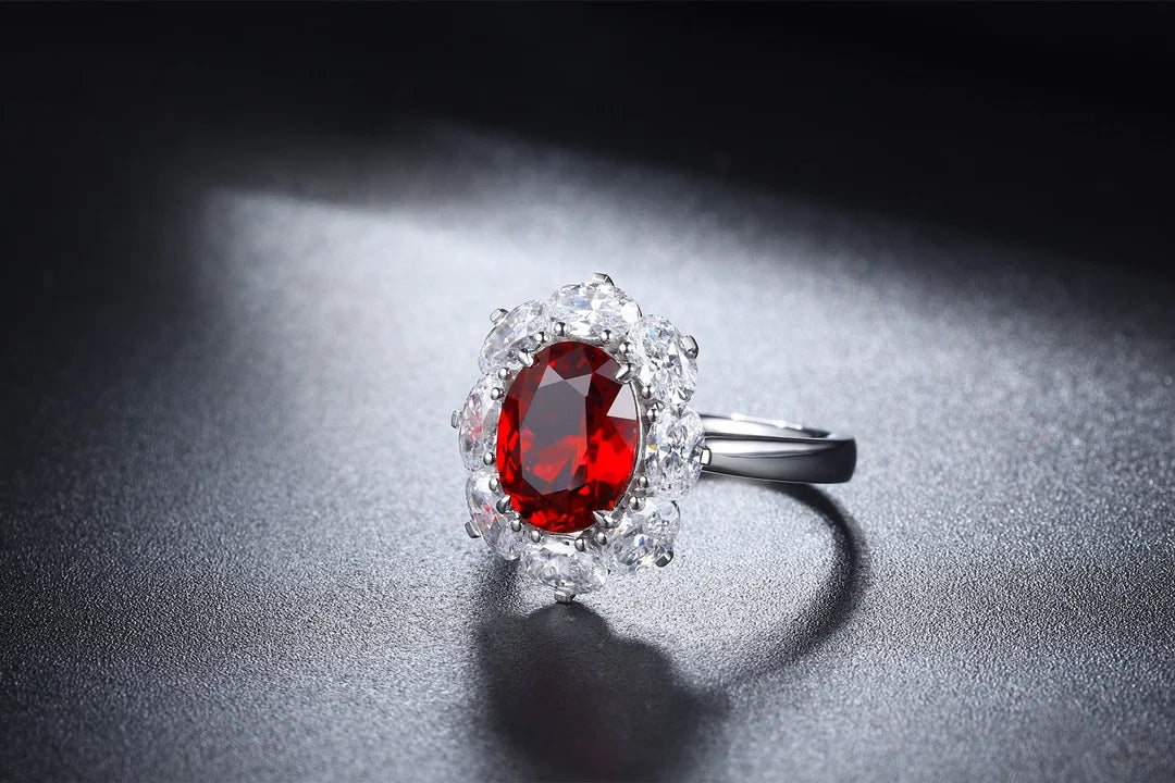 Gemfiori Classic Lab Grown Ruby Oval Cut Prong Setting Engagement Wedding Rings Sterling Silver 925 Jewellery Party Christmas Gift Ideas