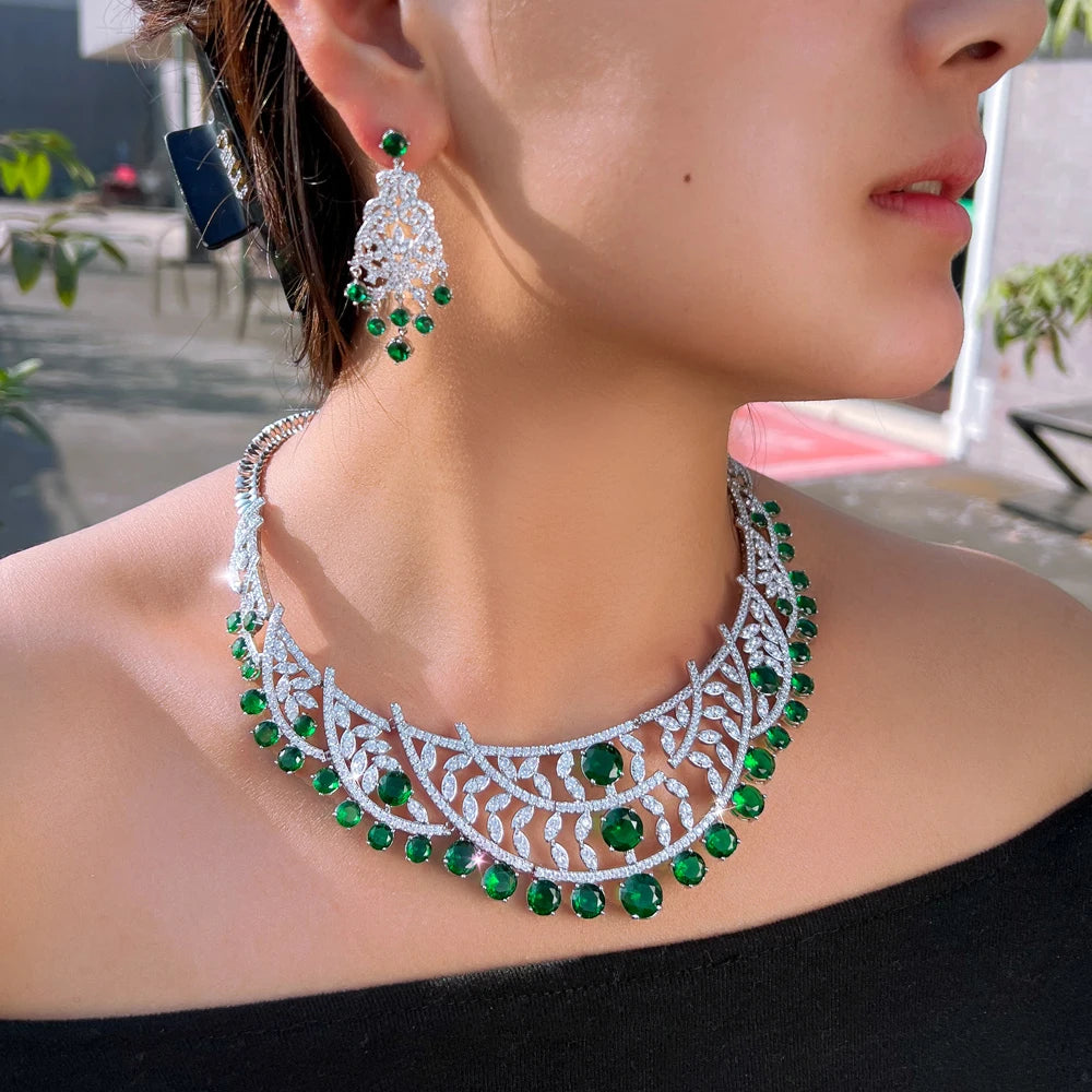 Luxury Necklace and Earrings White and Emerald Green Cubic Zirconia Super Big Jewelry Set for Women Banquet Engagement Jewelry
