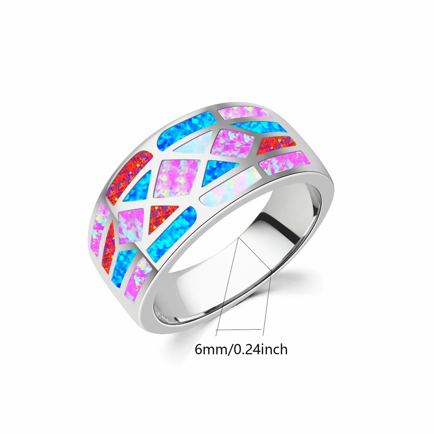 Colorful Opal Inlaid Geometric Pattern Ring | Stainless Steel Shiny Band | Iridescent Multi-Color Fashion Ring for Women Jewelry