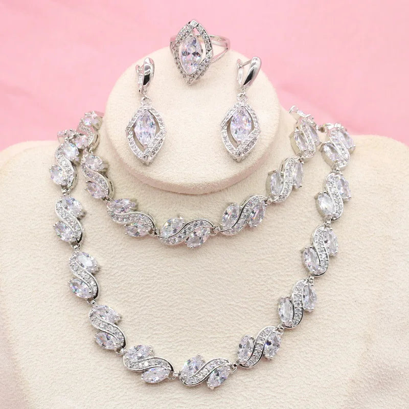 XOTICA Luxury White Zircon Silver Color Bridal Jewelry Sets Includes Necklace Earrings Ring Bracelet with Gift Box for Wedding Parties