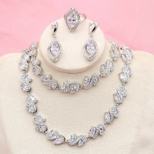 Luxury White Zircon Silver Color Bridal Jewelry Sets Includes Necklace Earrings Ring Bracelet with Gift Box for Wedding Parties