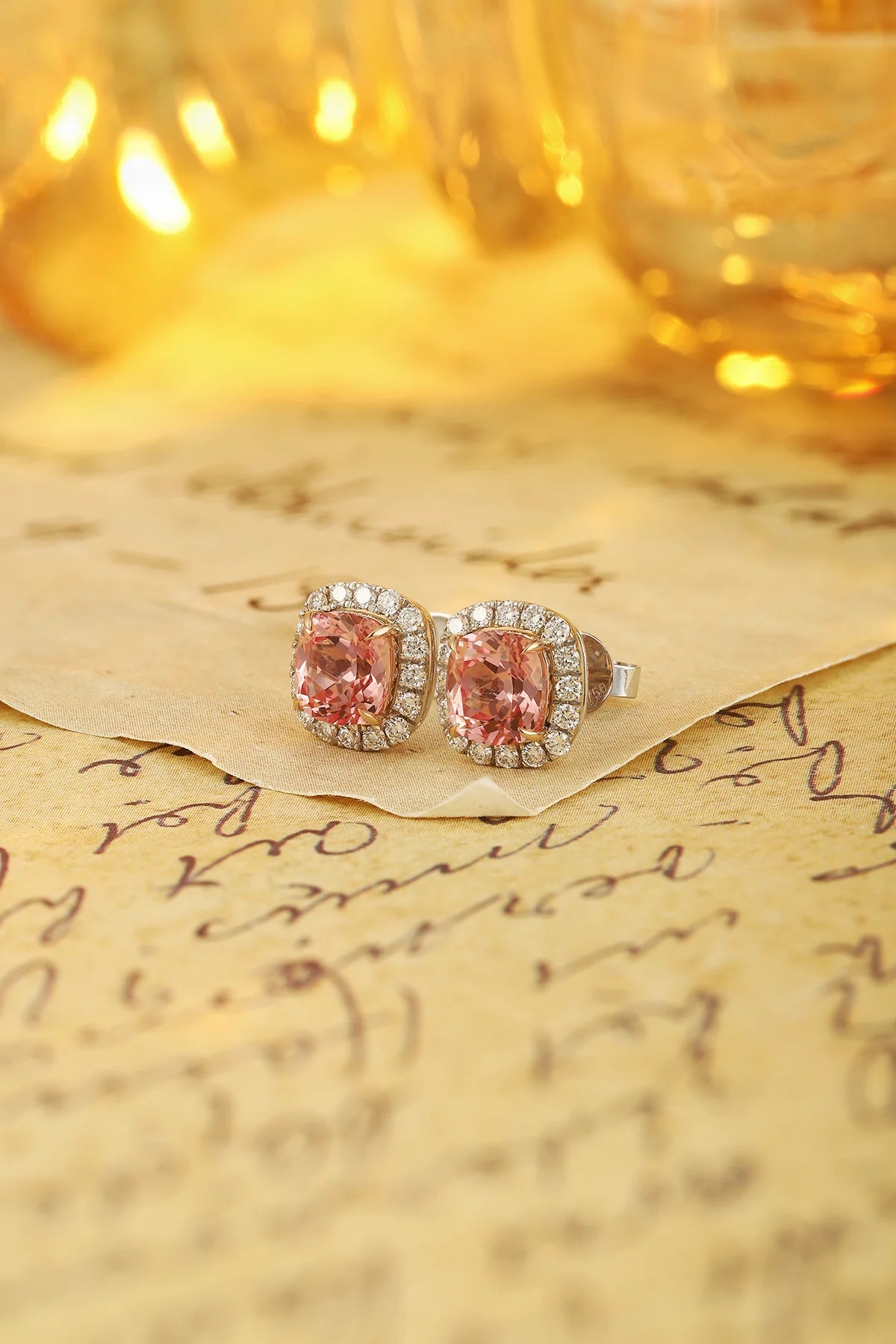 Gemfiori 18K Gold Lab Grown Padparadscha Stud Earrings Cushion Cut Brilliant Sparkle for Fashion Dinner Party