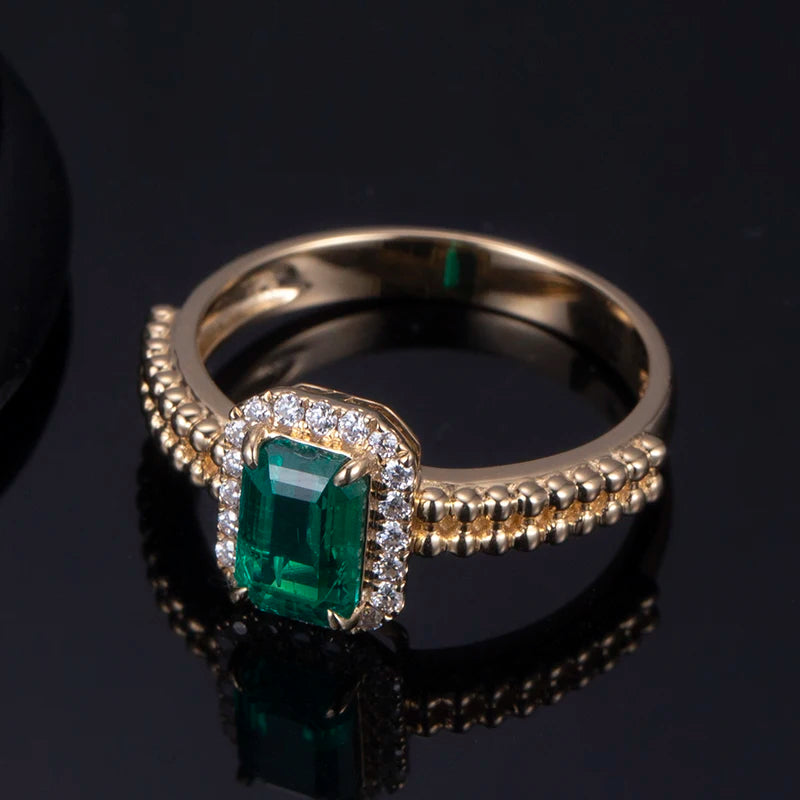 Messi Jewelry 18k Yellow Gold  1-1.5ct Lab Grown Emerald Emerald Cut halo Ring