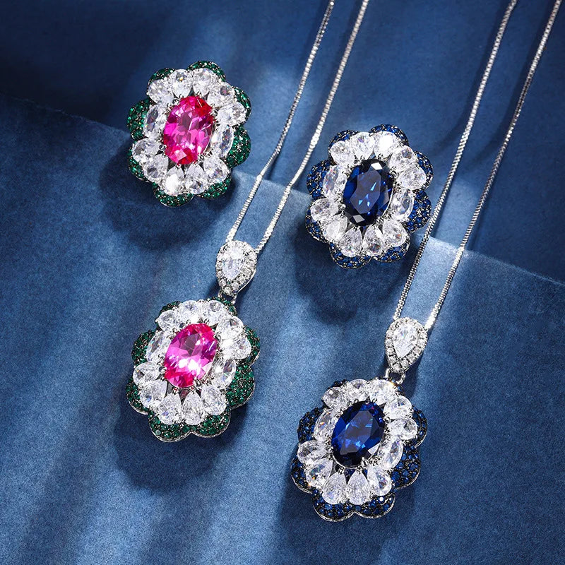 Gemfiori New Royal Blue Ring Pendant Necklace Jewelry Set Sparkling Flower Inlaid Zircon Set