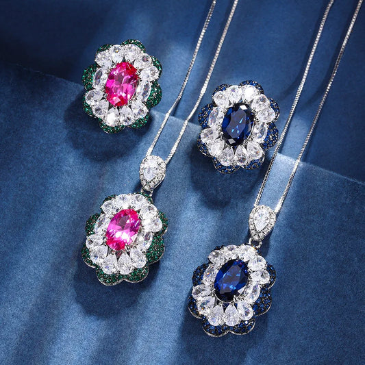 Gemfiori New Royal Blue Ring Pendant Necklace Jewelry Set Sparkling Flower Inlaid Zircon Set