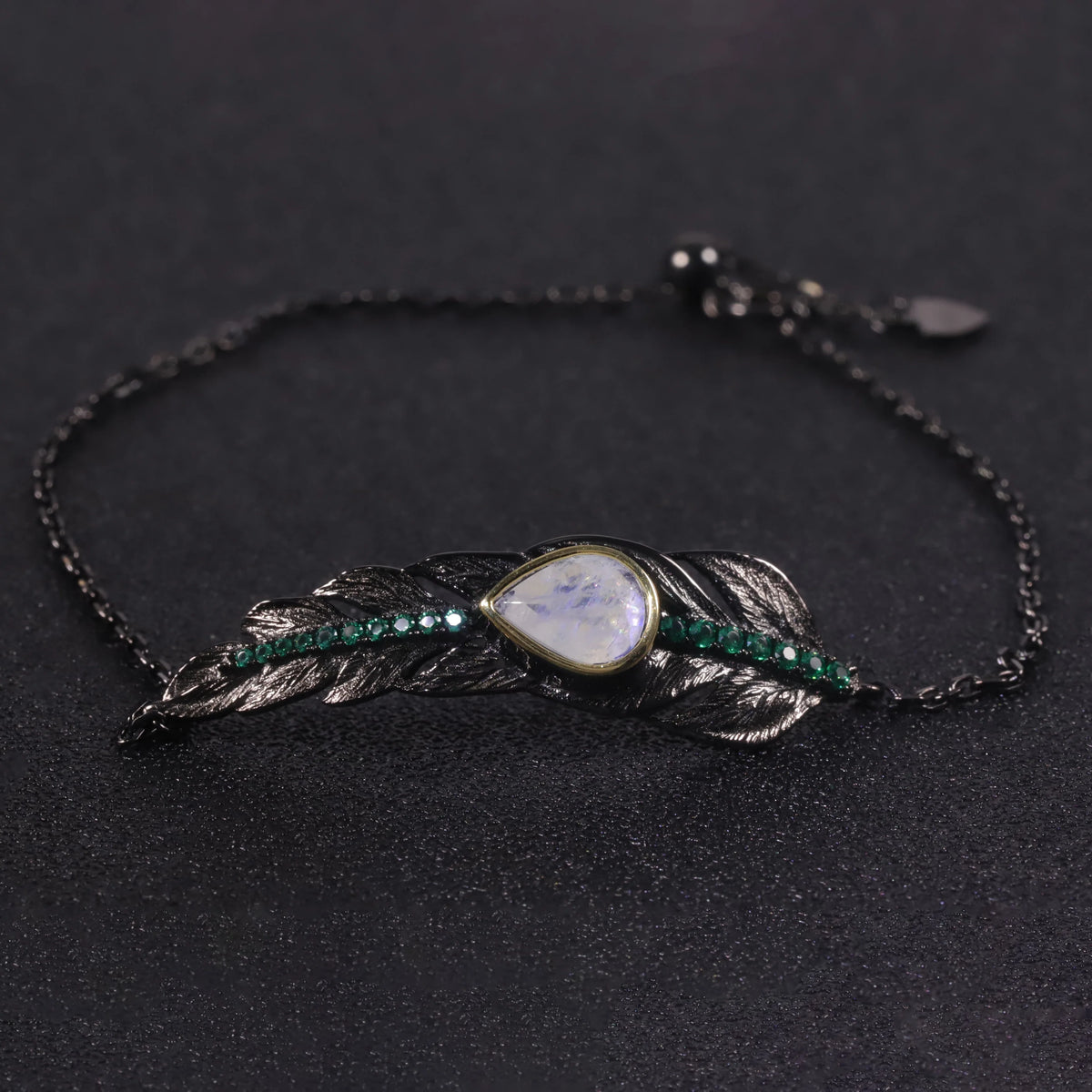 ArtistA Abiding Black Gun Plated 925 Sterling Silver Natural Moonstone Versatile Feather Pin Pendant Brooch Ring Bracelet 4 Piece Set