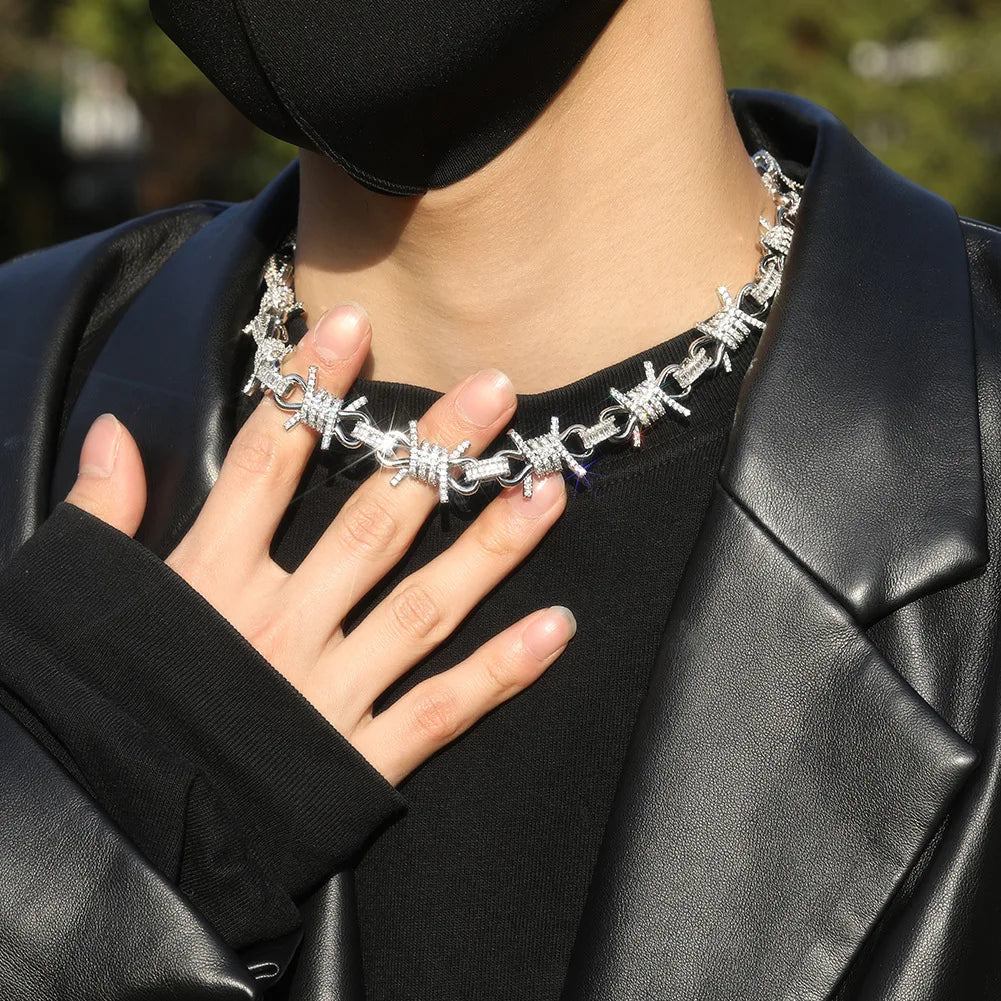 Luxury Shining Zirconia CZ Diamond Hip-Hop Necklace Personalized Punk Style Wire Thorn Collar Necklace