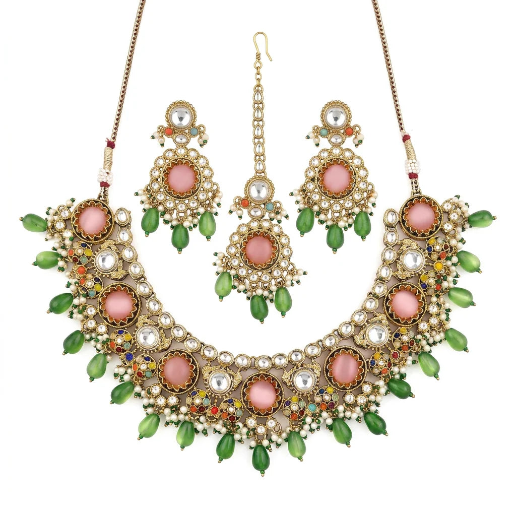 Luxury Antique Gold Plated Kundan Necklace Set with Ruby Mint Green Beads, Earrings, Maang Tikka Bridal Wedding Jewelry Set