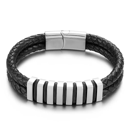KALEN Unisex 210mm Silver/Gold Color Casual Stainless Steel&Cowhide Link Bracelet
