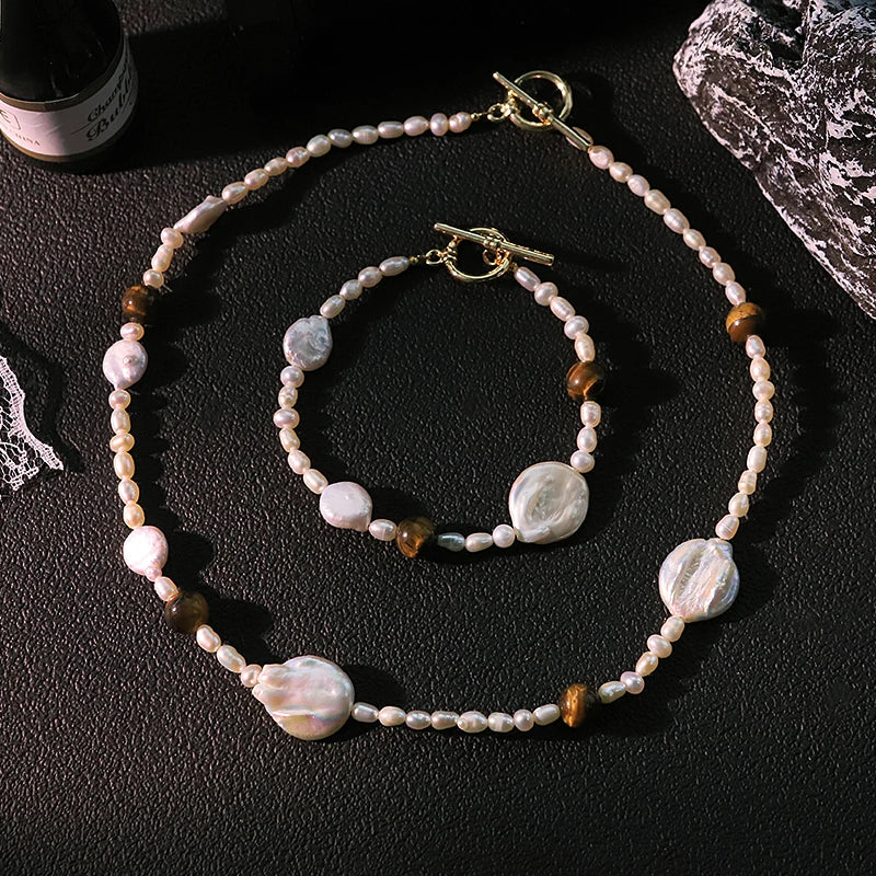 GLSEEVO Natural Freshwater Pearl & Tiger Eye Stone 2-Piece Jewellery Set — Coin Pearl, Seed Pearl & Toggle Clasp Necklace & Bracelet