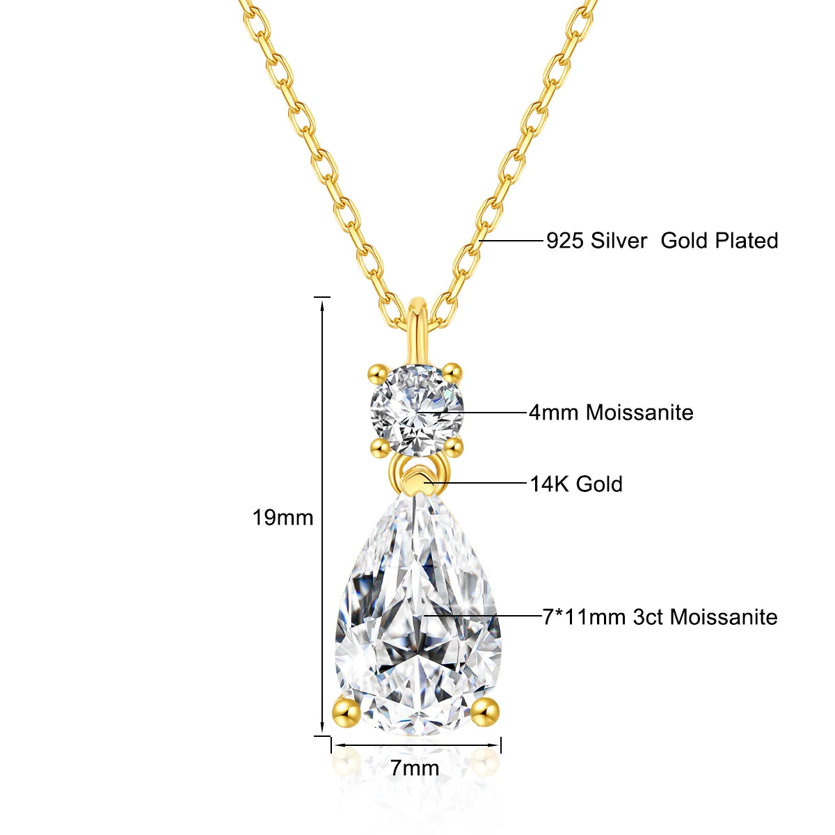 Gioiellieri Luxury Jewelry Gold Woman Engagement New Year Gift 3ct Pear Cut Moissanite Pendant Hollow 14K Real Gold Necklace