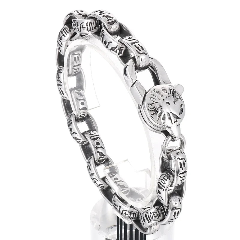 KALEN 230mm Men Punk Ancient Words Stainless Steel Oval Links Bracelet With Lobster Clasp