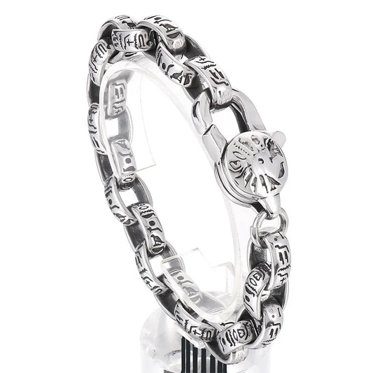 KALEN 230mm Men Punk Ancient Words Stainless Steel Oval Links Bracelet With Lobster Clasp