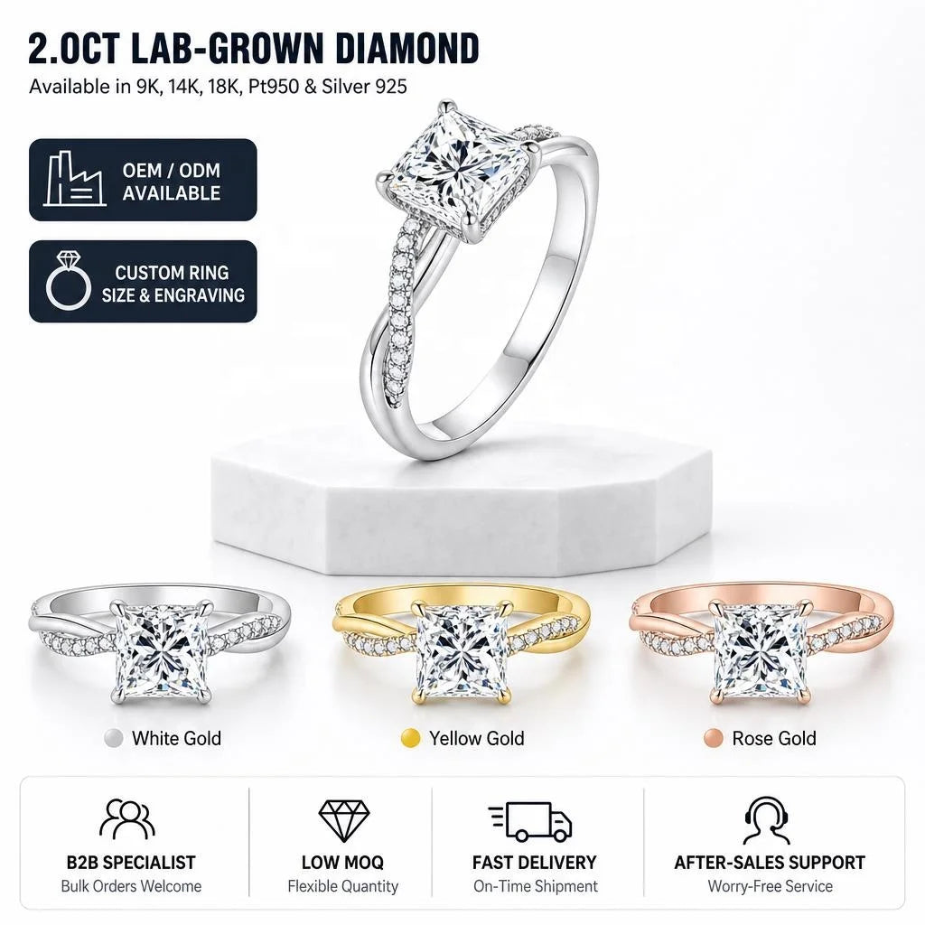Gioiellieri 2CT D Color VVS2 Majestic Princess Cut Lab Grown Diamond Ring 9K 10K 14K 18K Real Gold PT950 Twisted Paved Women Statement Ring