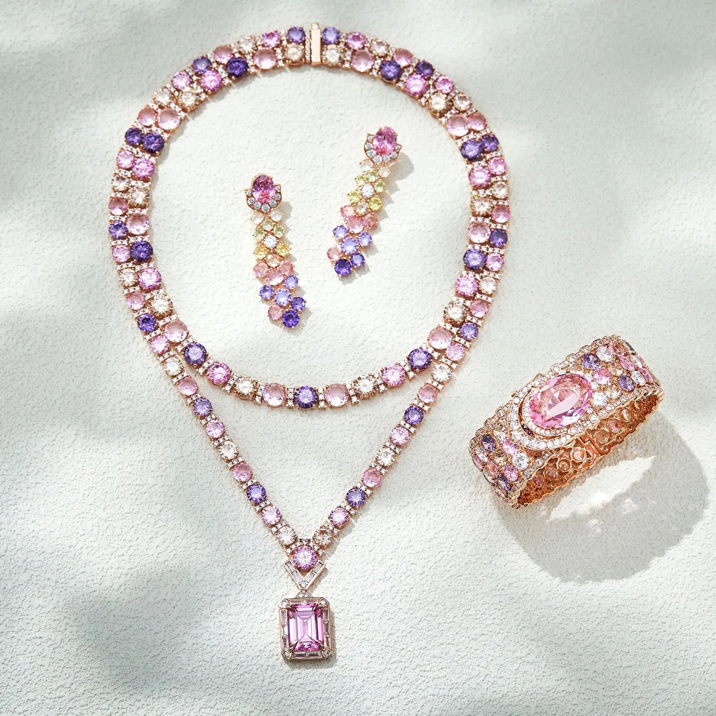 New Arriving Gradient Colorful Zirconia Jewelry Set Gold Plated Heavy Luxury Necklace Earrings Bracelet 3pcs Women Jewelry Set