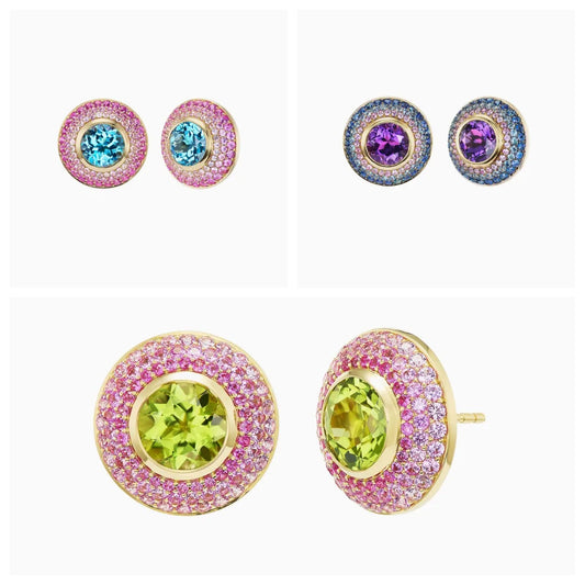 Colorful Gradient Round CZ Stud Earring 5A Cubic Zirconia Bling Women Fashion Pink Blue Purple Crystal Jewelry