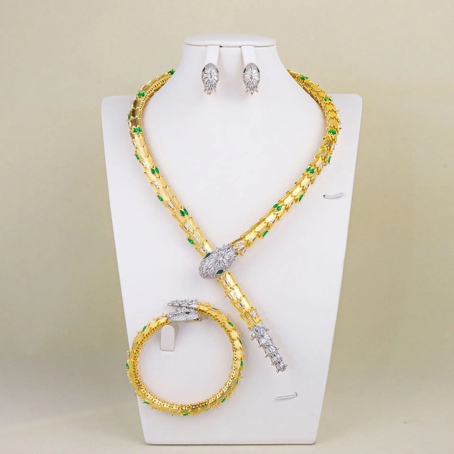 Luxury Snake-Design Zirconia Choker Necklace, Earring & Bangle Bridal Set — Gold & Rhodium Plated