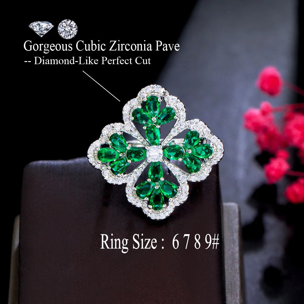 S&S CZ Pavé Chunky Flower Statement Ring – Colourful, Blue & Green – Collection