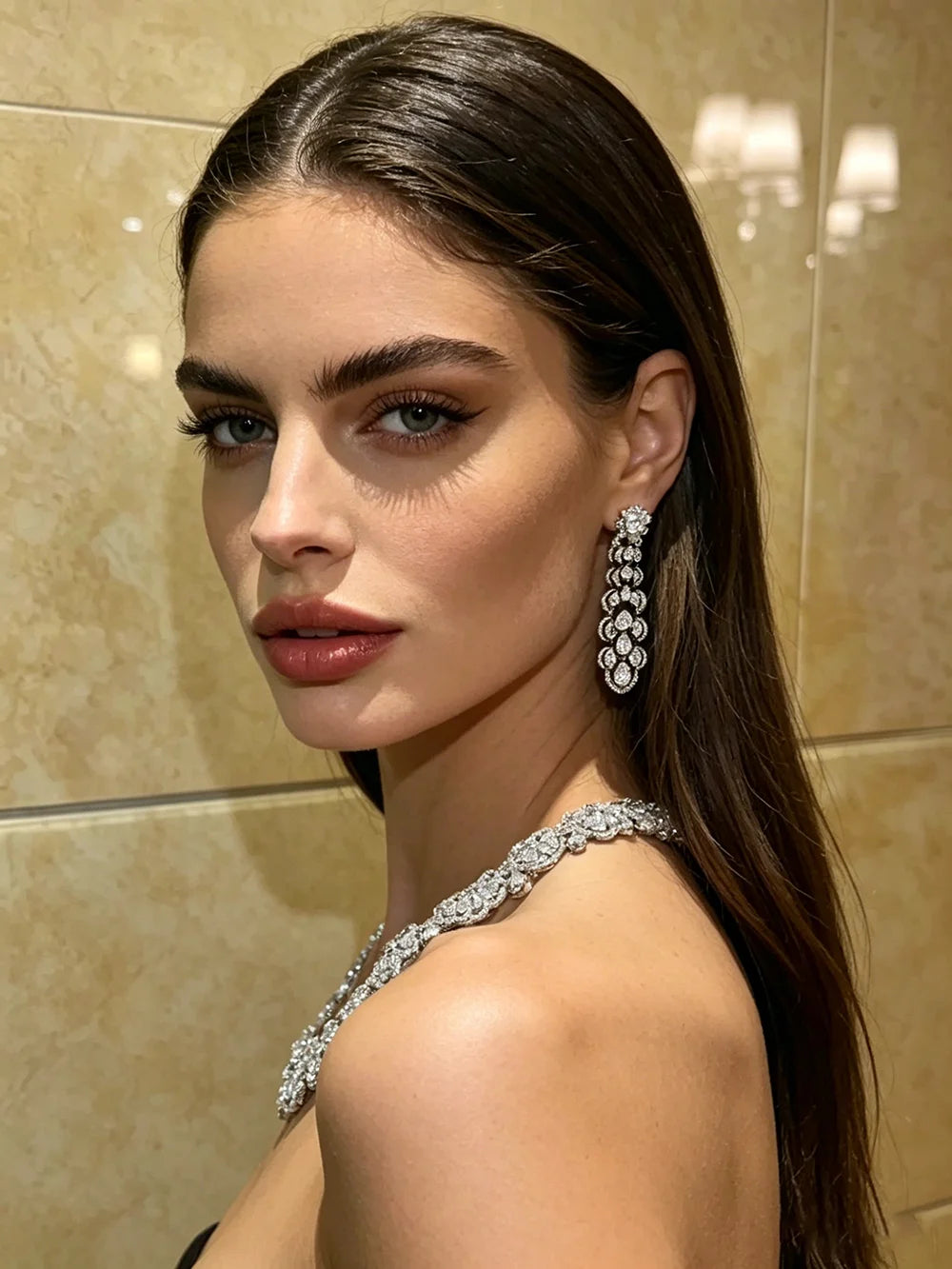 XM S426 Silver Plated Heart & Floral Cubic Zirconia Flower Link Choker Necklace & Teardrop CZ Drop Earrings Set