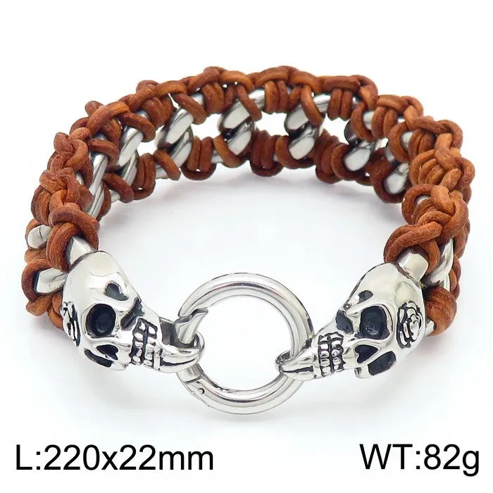 KALEN Punk Fine Jewelry Fashion Bracelets Men Stainless Steel Micro Fiber Leather Skull Links Bracelet Bangle