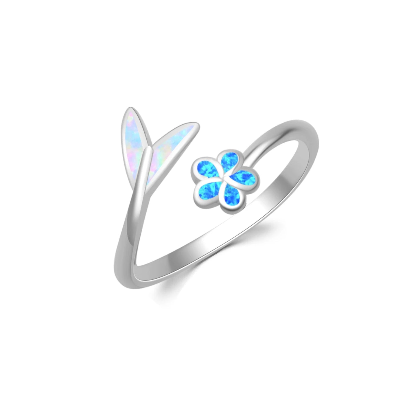 Floral & Leaf Open Ring | Blue/Iridescent Opal Inlay Gold-Plated Band | Dainty Nature-Inspired Fashion Jewelry for Women