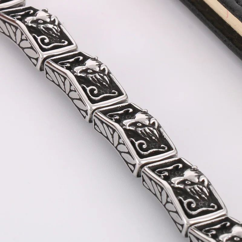 KALEN 215mm Men Punk Stainless Steel Rectangular Links Bracelet With Wolf Head Patterns