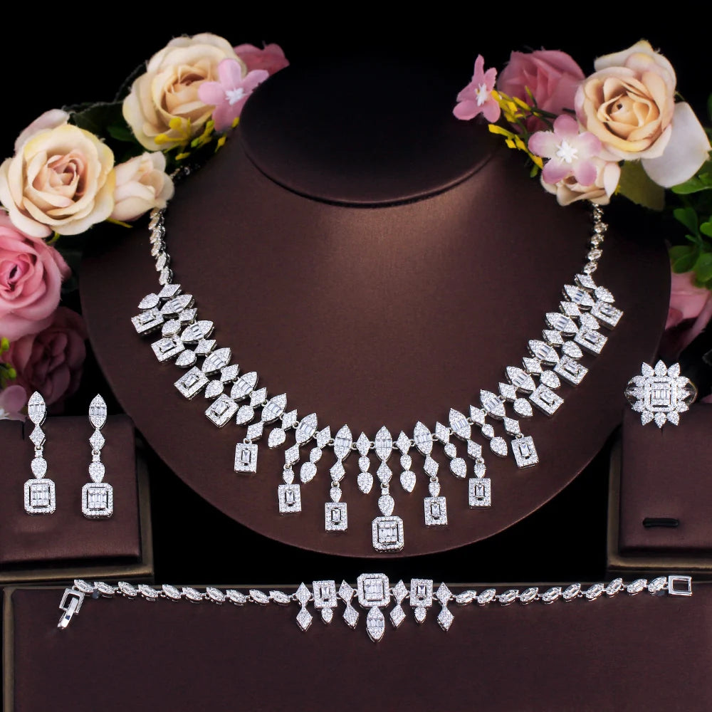 High Quality Tassel Shape Middle East Style Brass Cubic Zircon Wedding Bridal Luxury Jewelry Set for Women Dress Accessories