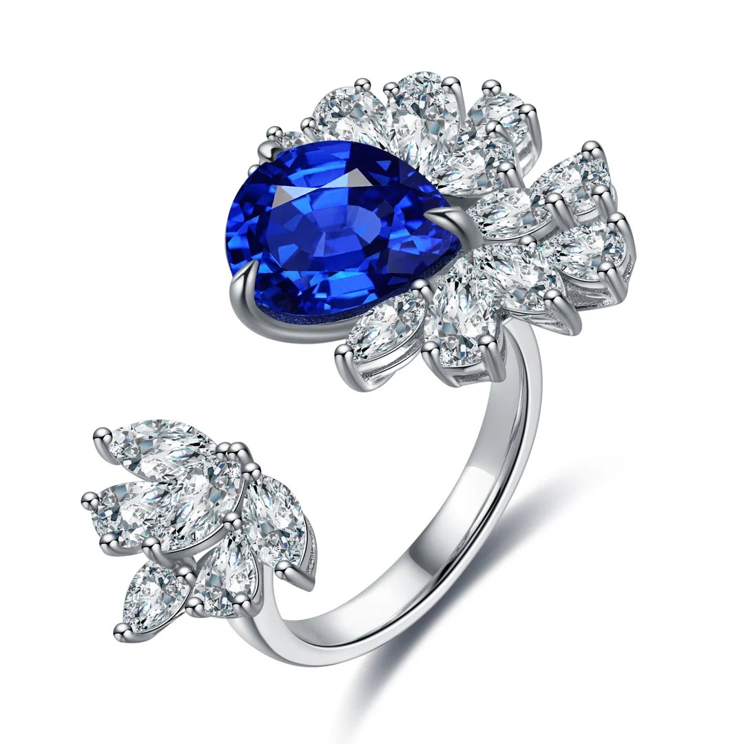 Gemfiori S925 Silver Cultivated Sapphire Ring Main Stone: 5.09CT Side Stones:10.598CT Weight: 7.51g