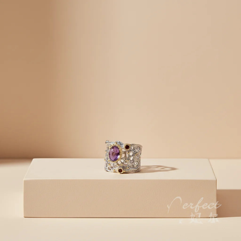 Fashion Hollow Design 925 Sterling Silver Rings with Amethyst Garnet Stone