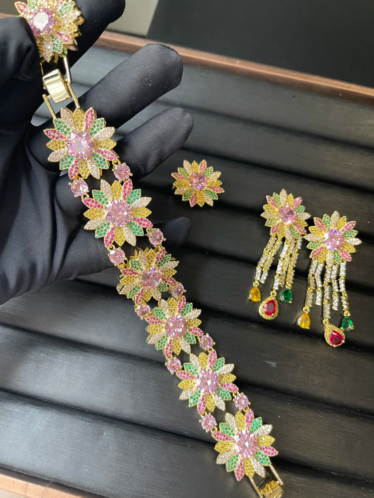 Gemfiori TIANSHE Colorful Zircon Sunflower Earrings Bracelet Ring Women's Luxury Jewelry 3pcs Set for Banquet Accessories