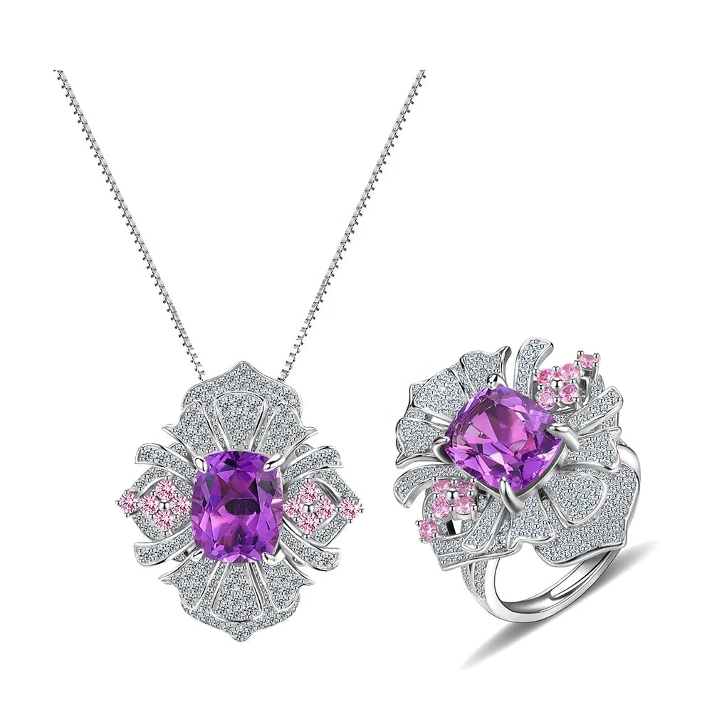 ArtistA Vintage Light Luxury Large Flower Jewelry Set 9X11MM Cushion Natural Stone 925 Silver CZ Flower Pendant Charm Ring Jewelry Set