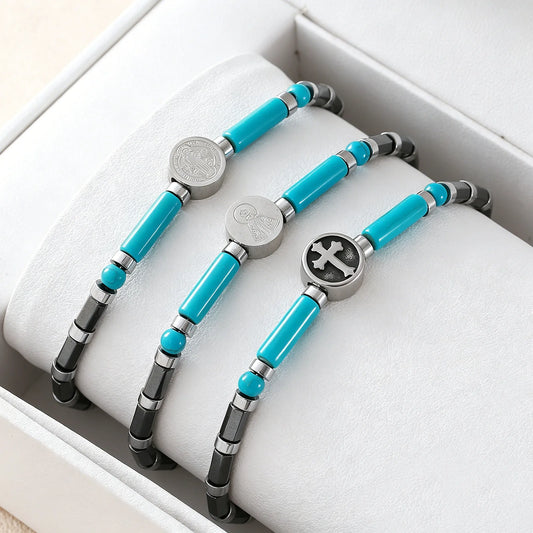 Handmade Stainless Steel Chain Hematite Spacer Natural Stone Turquoise Beaded Cross Bracelet Fashion Jewelry Gifts for Men