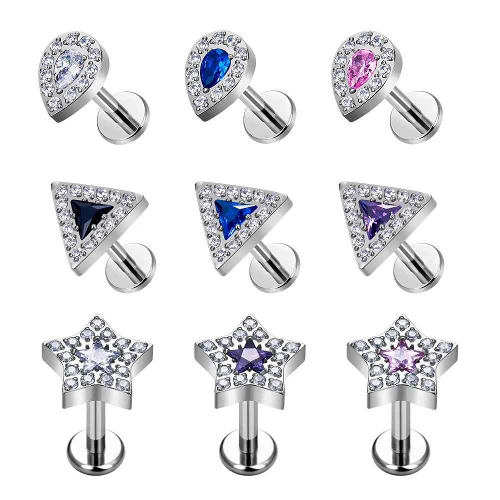 ASTM F136 Titanium Helix Earring Labret 16G Star Shape CZ Paved Internal Thread Punk Style Nose Studs Piercing Jewelry Wholesale