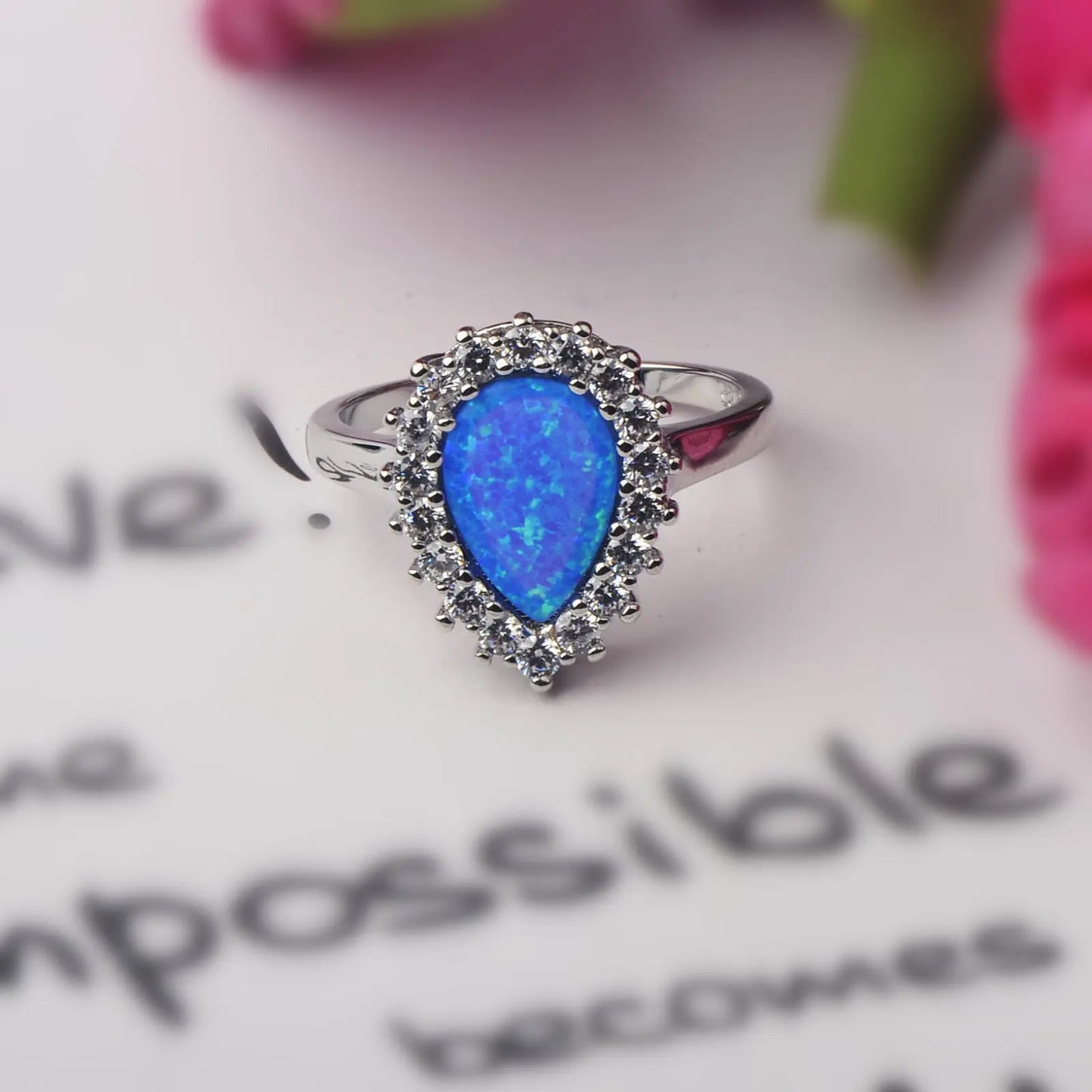 Statement Marquise Opal Ring - Blue Fire Opal & CZ Halo Cluster | Bold Daily Jewelry Bulk Gifts