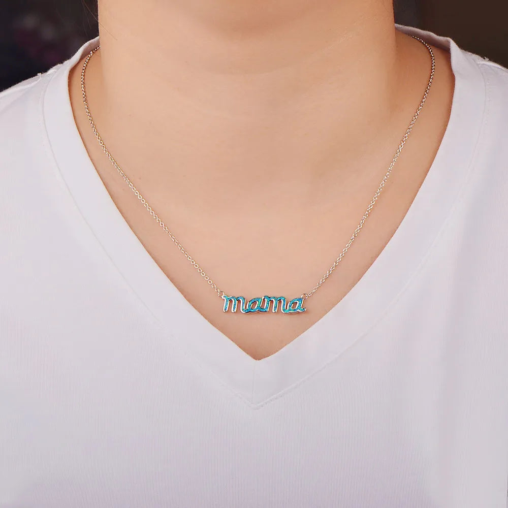 Aobao Blue Opal MAMA Necklace Copper Box Chain Christian Mother's Day Exclusive Mom Minimalist Soft Style Jewelry Wholesale