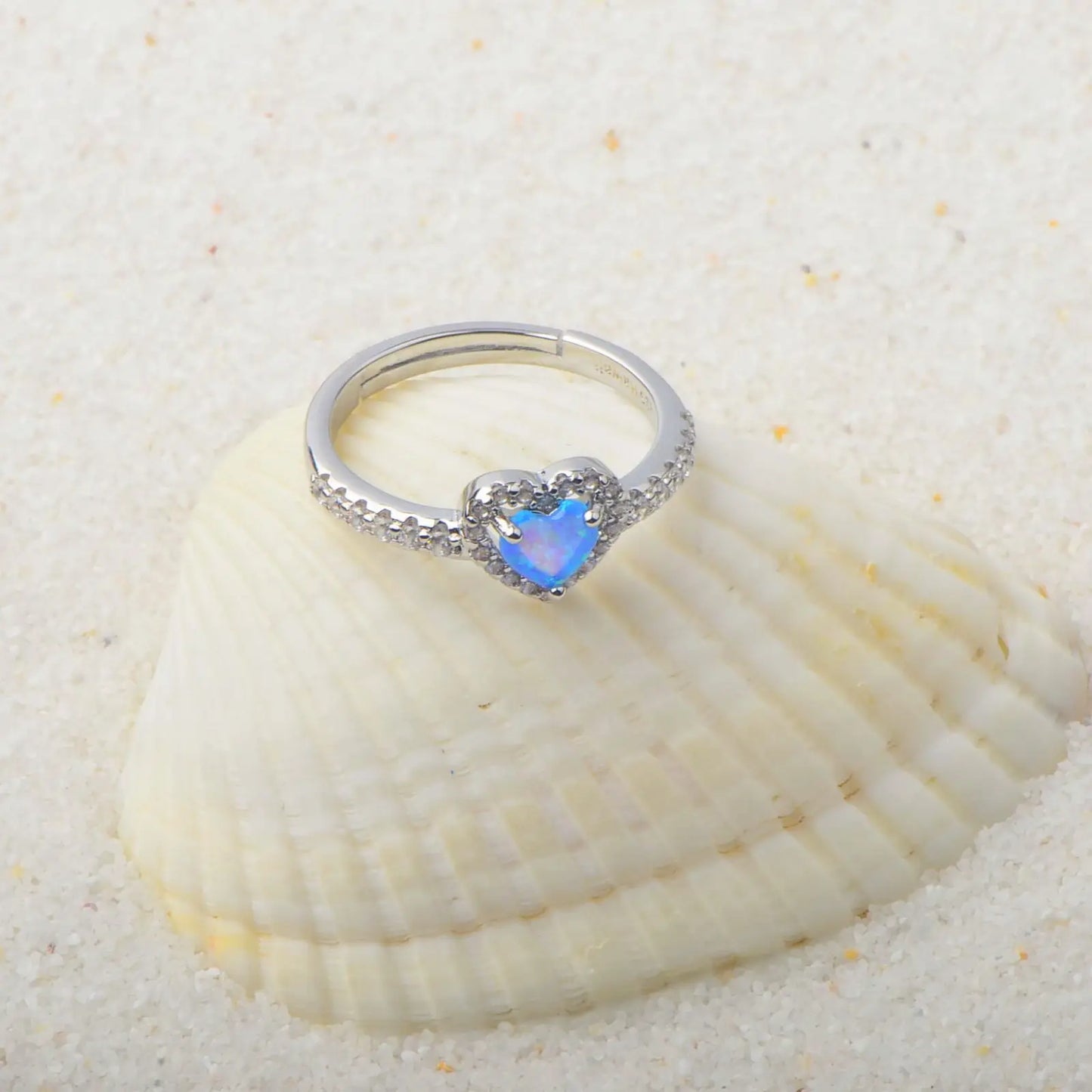 Romantic Heart Opal Promise Ring - Blue Fire Opal Center & CZ Halo Design | Dainty Daily Jewelry Bulk Gifts