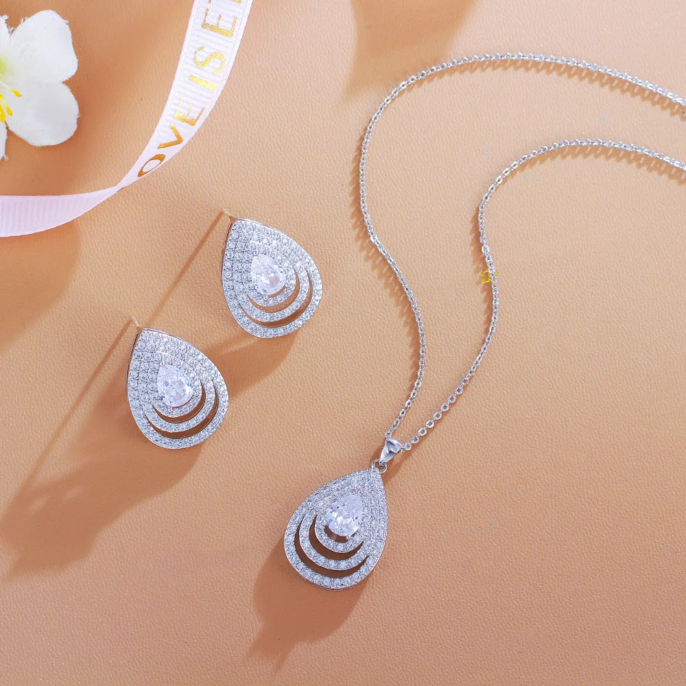Elegant Earrings and Necklace Ladies Blue Cubic Zirconia Stone Teardrop Fashion Party Jewelry Set for Girls Women Daily Wear