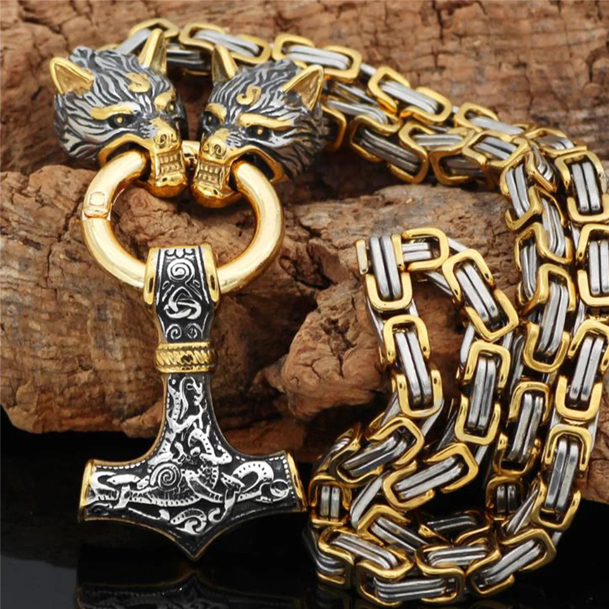 REBEL VIKING Thor Hammer Mjolnir Wolf Head Pendant Necklace – 24" Stainless Steel