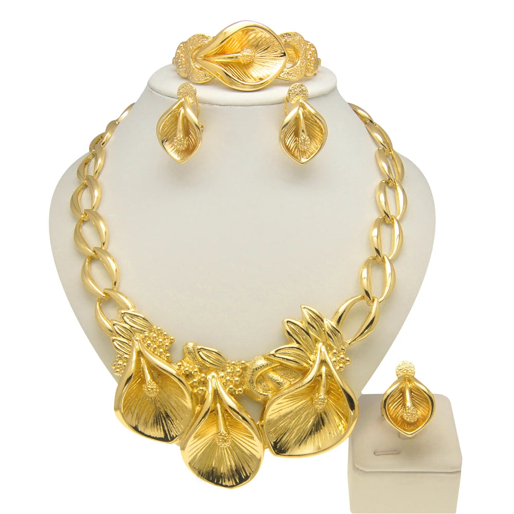 Zhuerru Italian Gold Plated Jewelry Set Leaf Shape Necklace Bracelet Earrings Jewels Sets Fashionable High-end Luxury H00159