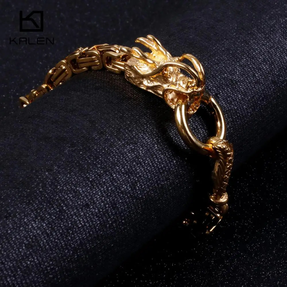 KALEN Stainless Steel Gold/Black Dragon Charm Bracelets for Men