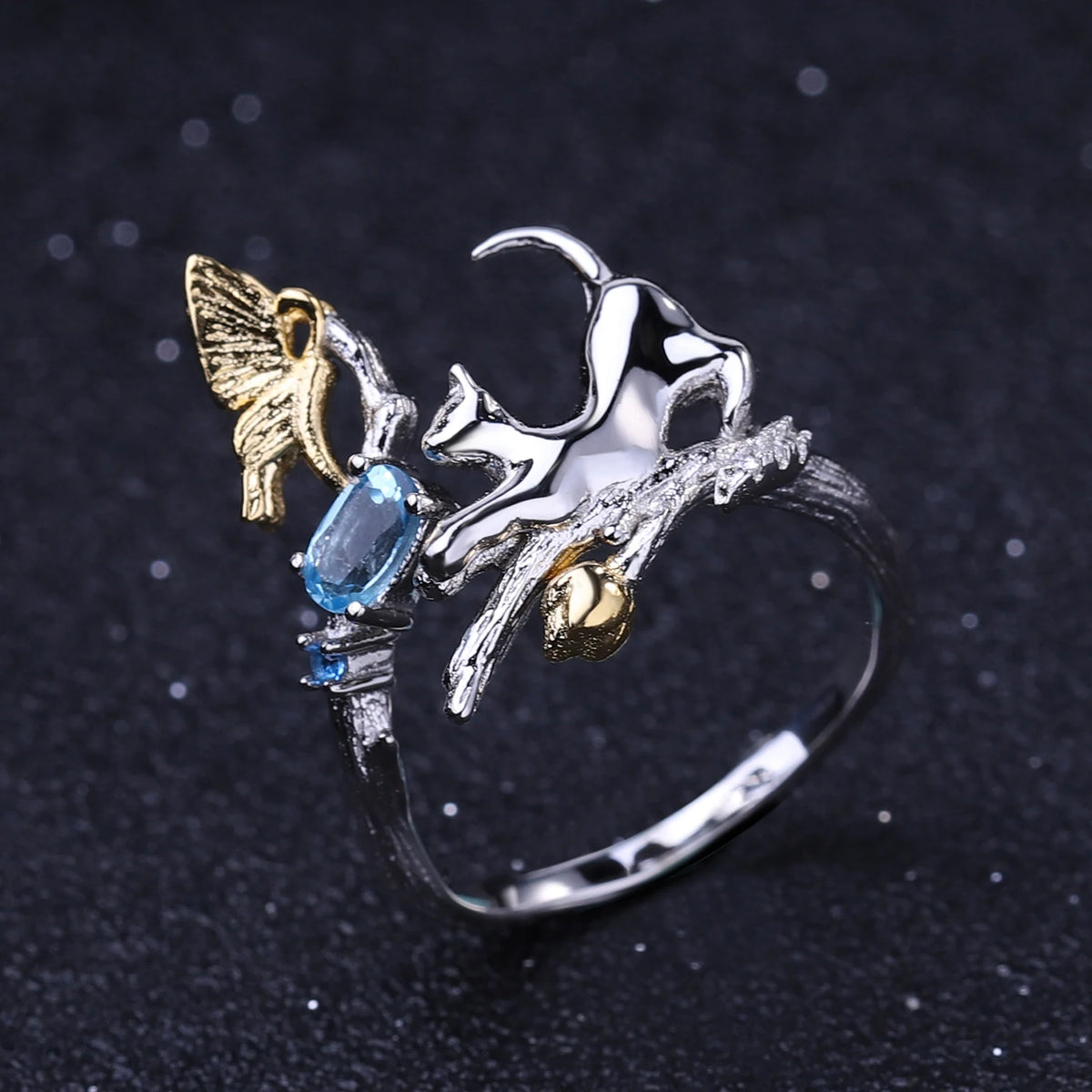 ArtistA C7784 Abiding Original Desig Kitten Chasing Butterfly Geometric Circle Oval Swiss Blue Topaz Drop Earrings Pendant & Ring Set