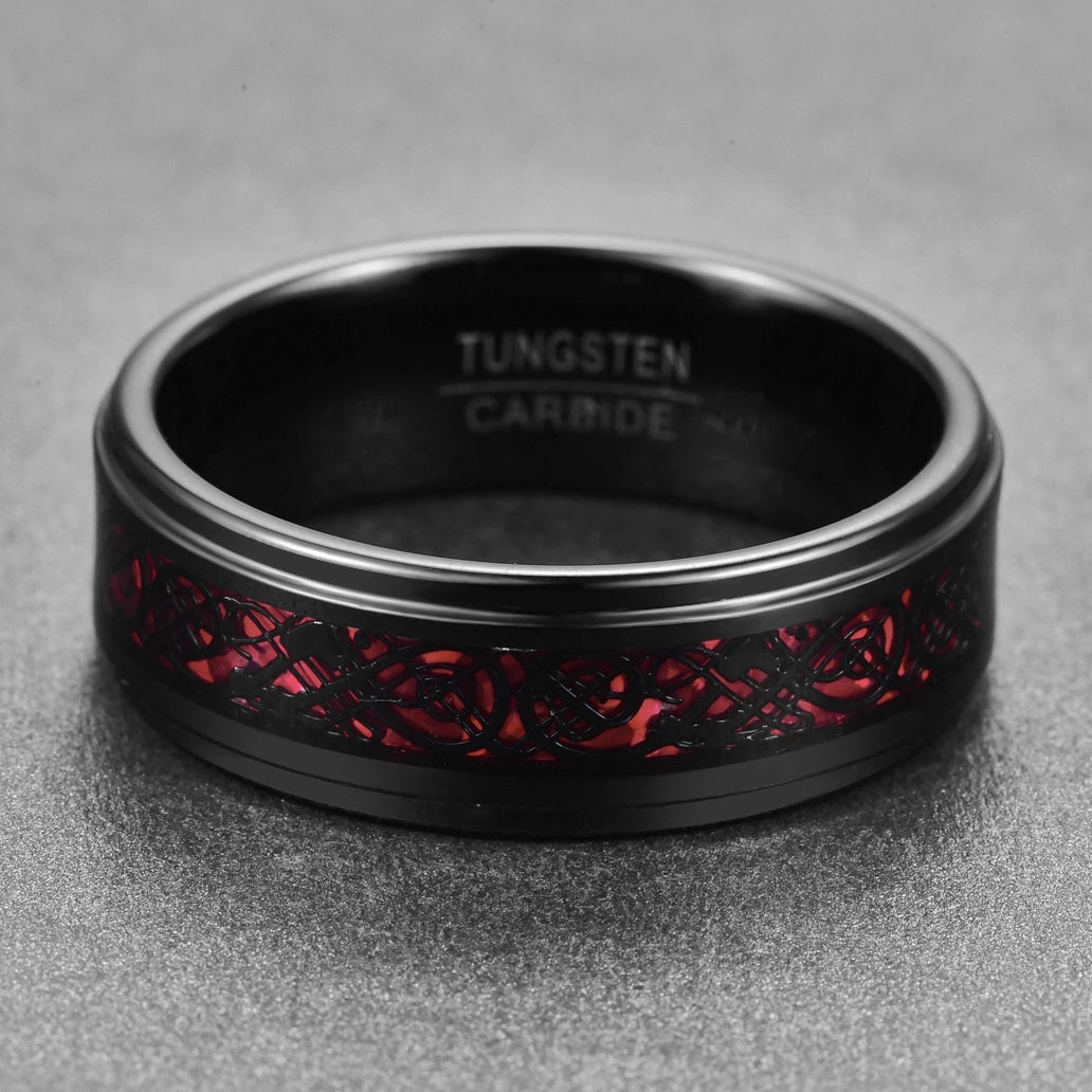 REBEL 8mm plated black step edge inlaid red fiber black dragon pattern men's tungsten steel steel ring jewelry